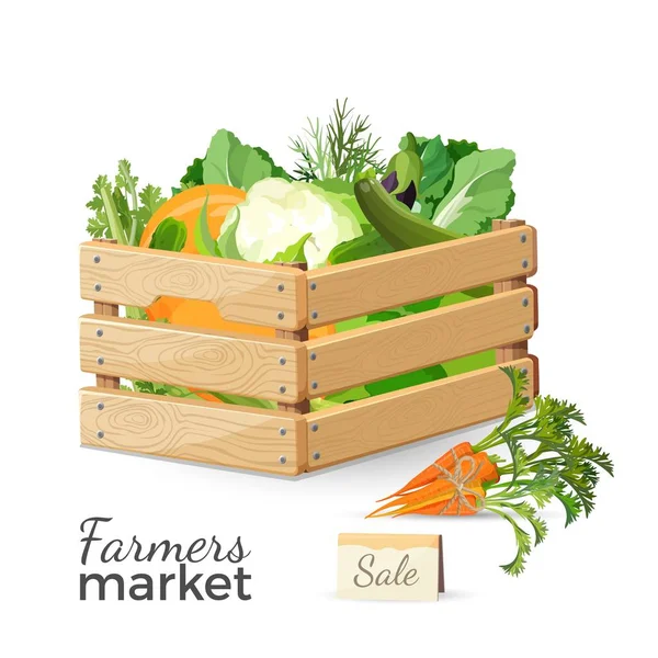 Dijual di pasar petani poster promo dengan sayuran dalam kotak kayu - Stok Vektor