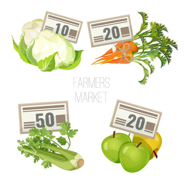 Mezőgazdasági termelők piacra a friss organikus zöldségek és a tisztességes árakat — Stock Vector