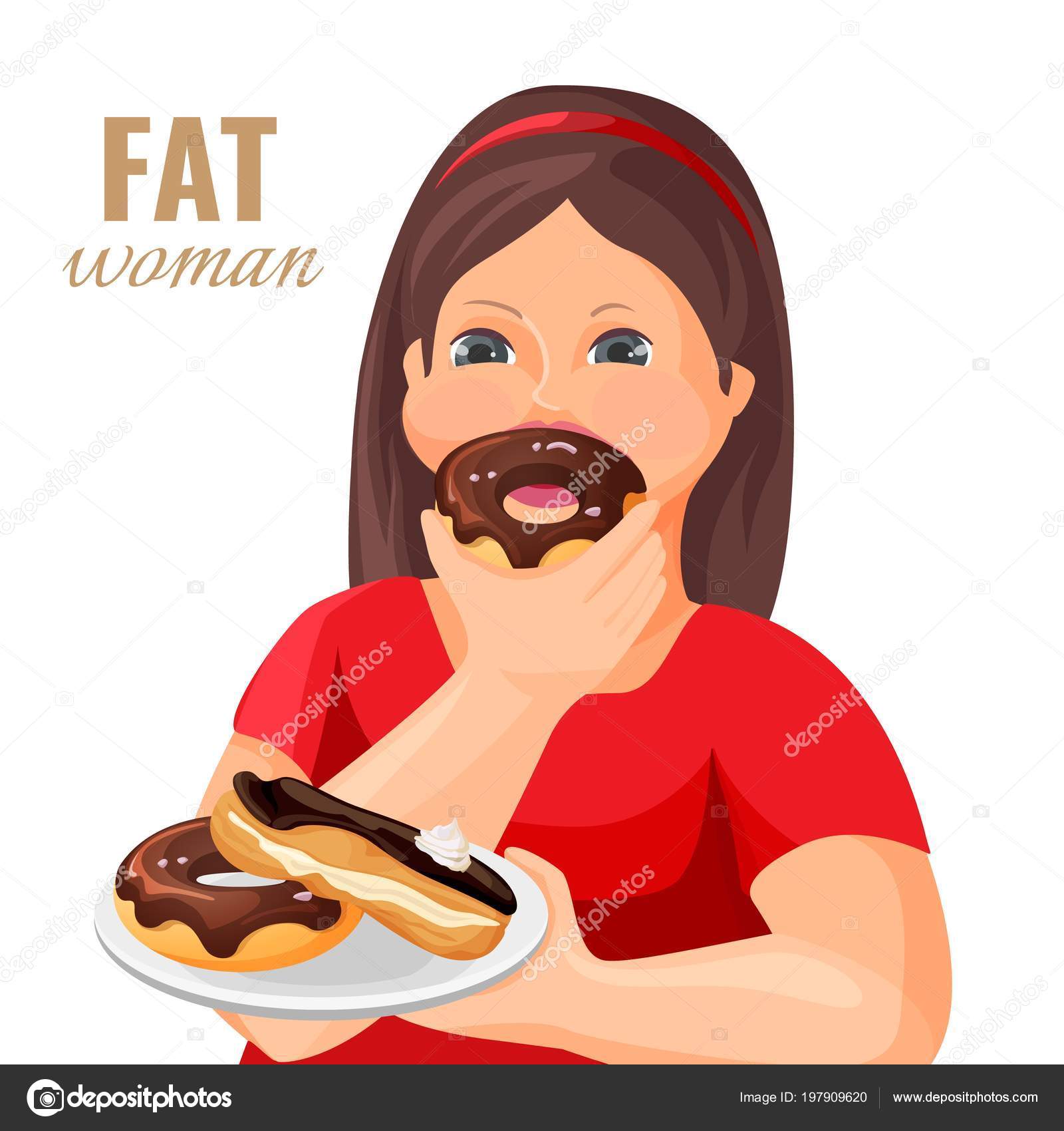 Dicke Frau isst Donuts und Kuchen mit Schokolade überzogen