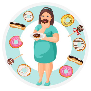Tatlılar ile çevrili Donuts plakalı şişman kadın