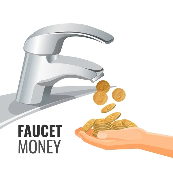 Faucet money promo banner with golden coins from tap — Stock Vector