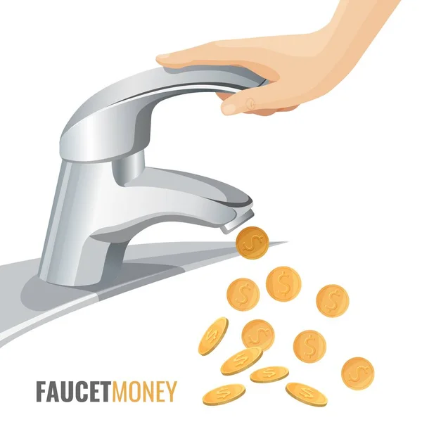 Faucet money commercial banner with modern tap and golden coins — Stock Vector