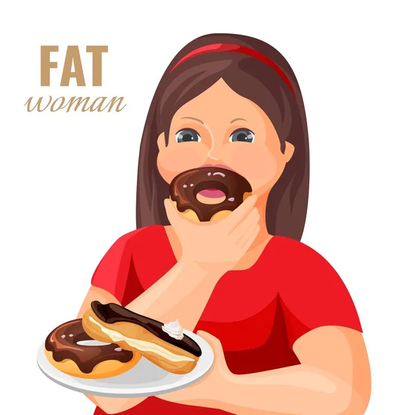 Fat woman eats donuts and cake covered with chocolate — Stock Vector