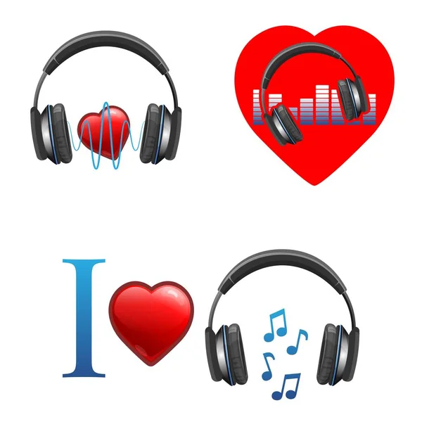 Musik-Promo-Embleme mit Kopfhörern und Herzen — Stockvektor