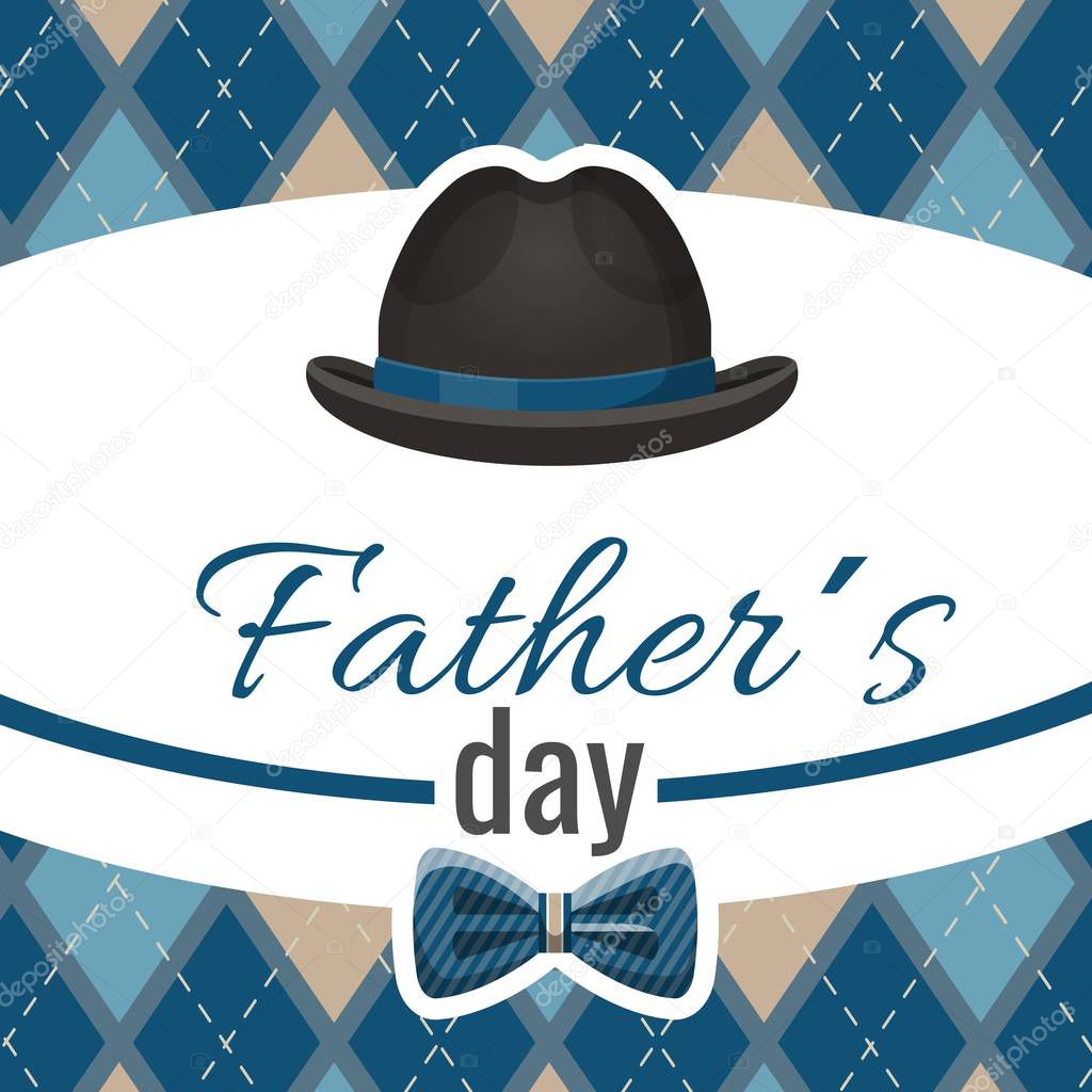 Fathers day postcard with classic hat and blue bowtie