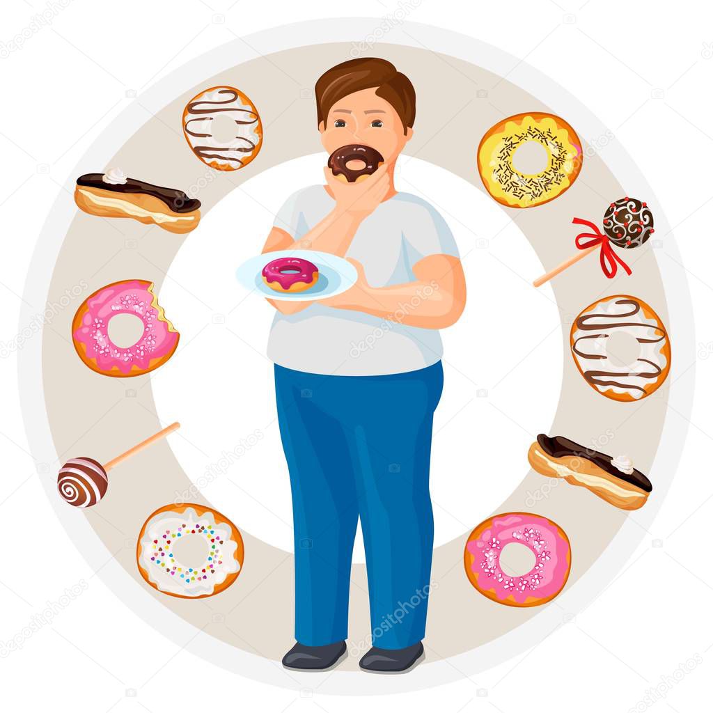 Fat guy eats donut surrounded with tasty sweets and desserts