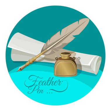 Feather pen and inkwell near paper manuscript vector illustration clipart