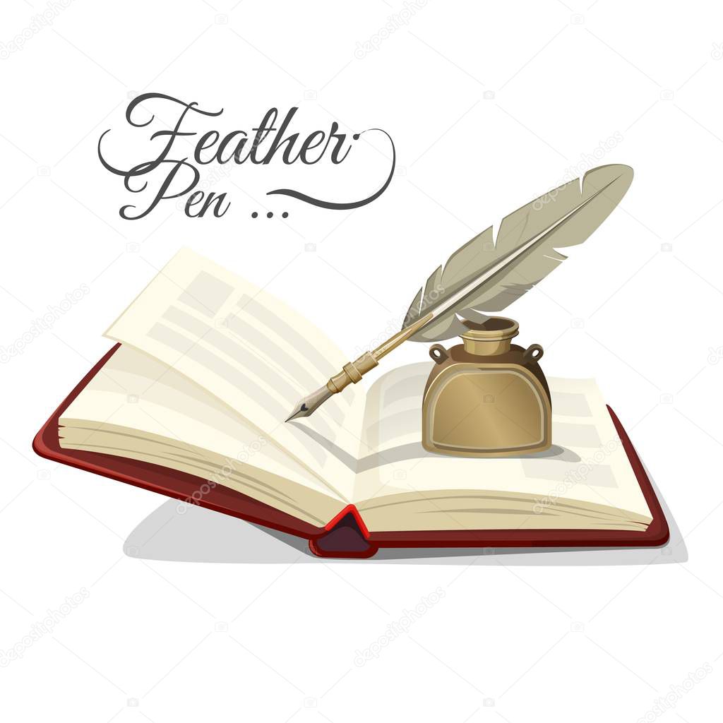 Feather pen and inkwell on open book vector illustration isolated