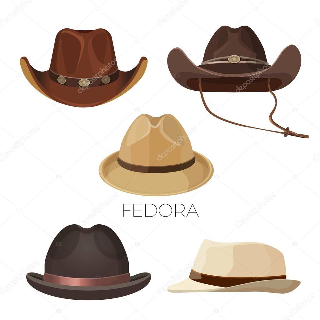 Fedora and cowboy hats of brown and beige colors set