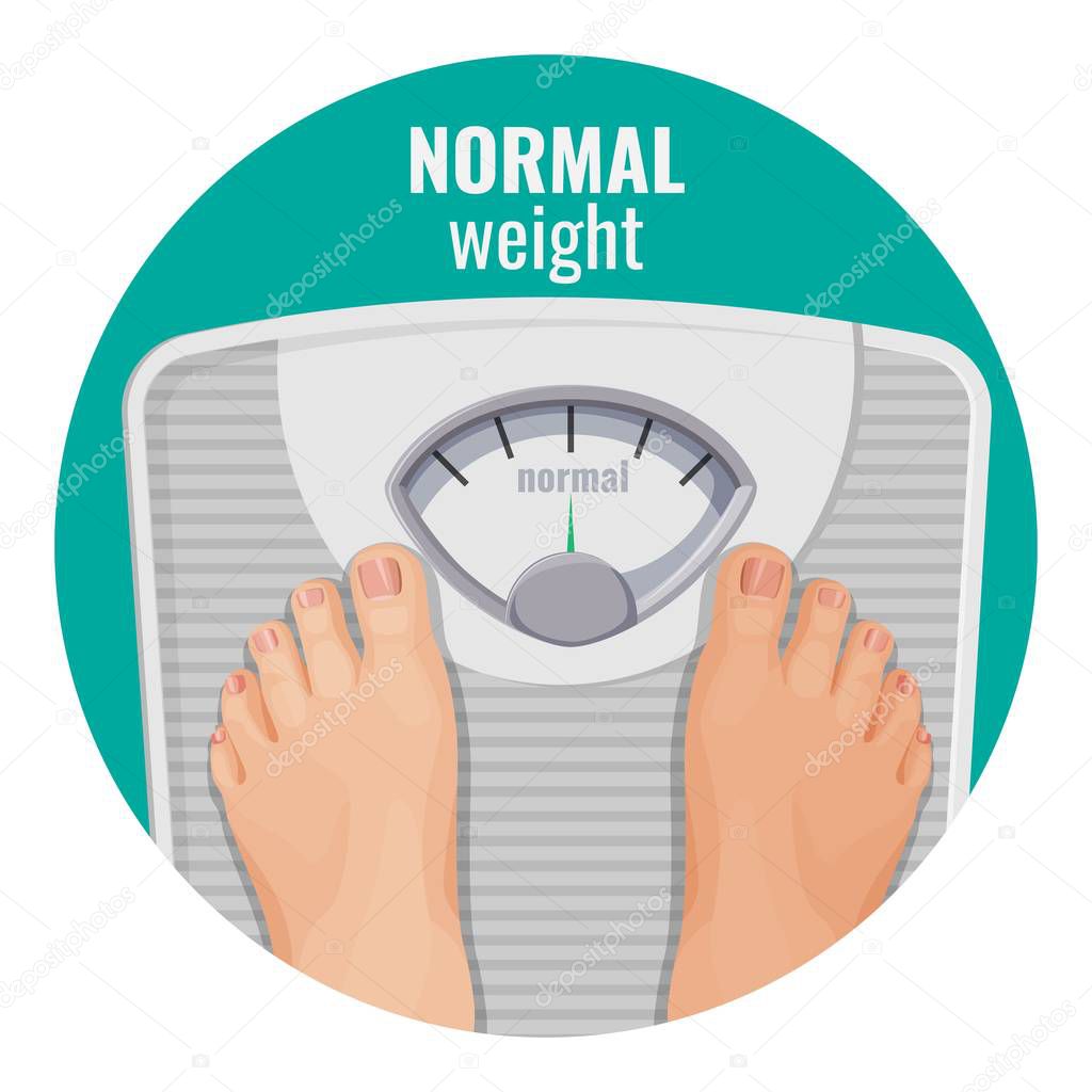 Normal weight human feet on scales isolated on white. Person with ideal body standing on weighing machine vector illustration of woman legs, toes with manicure