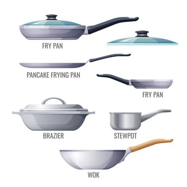 Set of metallic pans and kitchen utensils sketchy icons clipart