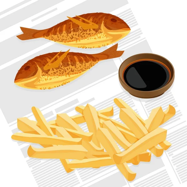 Peixe e batatas fritas servidos com molho ilustração vetorial —  Vetores de Stock