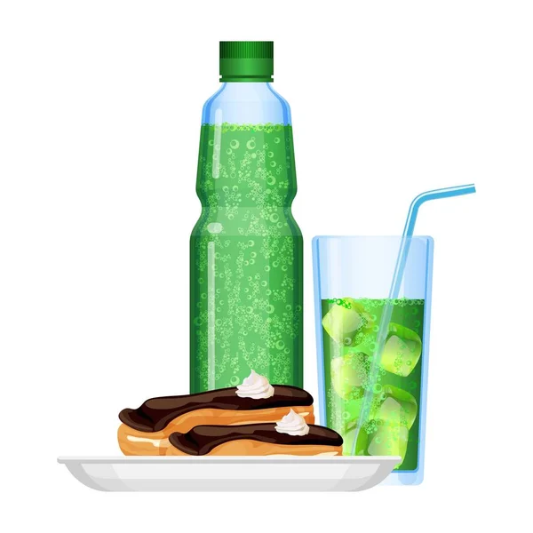 Koolzuurhoudende dranken in fles en cup met voedsel vector illustratie — Stockvector