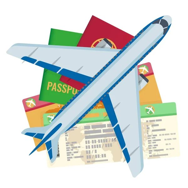 Paspoort tickets documenten en vliegtuig instellen vectorillustratie — Stockvector