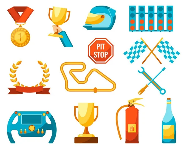 포뮬러 1 자동차 스포츠 경주 아이콘 컬러 포스터의 설정 — 스톡 벡터