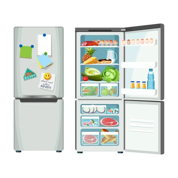 Moderní lednice s různými potravinami nastavit barevný plakát — Stockový vektor