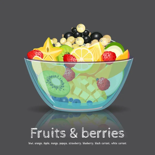 Saladier de fruits plein bol en verre sur fond noir — Image vectorielle