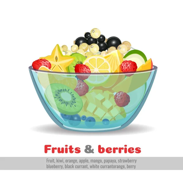 Poster bol en verre de salade de fruits juteux sur blanc — Image vectorielle