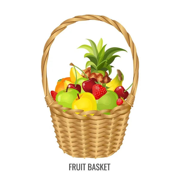 Grande cesto di vimini di paglia con poster di frutta esotica e tropicale — Vettoriale Stock