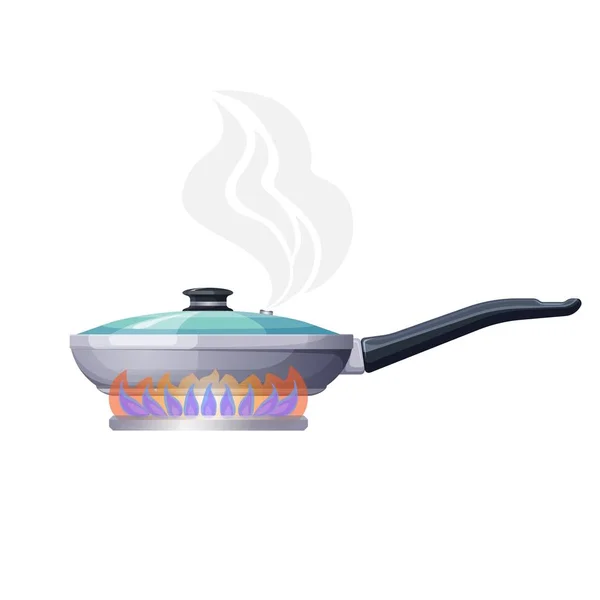 Frying pan on fire in process of cooking sketch icon — Stock Vector