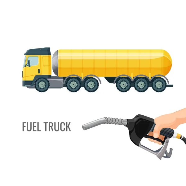 Carburante camion e mano che tiene il classico ugello di pompaggio — Vettoriale Stock