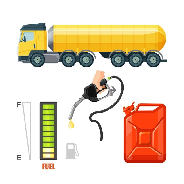 Brandstof vrachtwagen pictogrammen, benzine-apparatuur en -benodigdheden. Jerrycan en haak — Stockvector