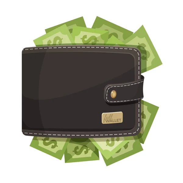 Lederen portemonnee pictogram vol geld vector embleem — Stockvector