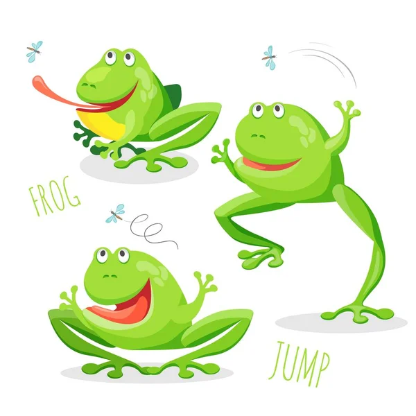 Divertido dibujo de dibujos animados rana salto conjunto vector boceto — Vector de stock