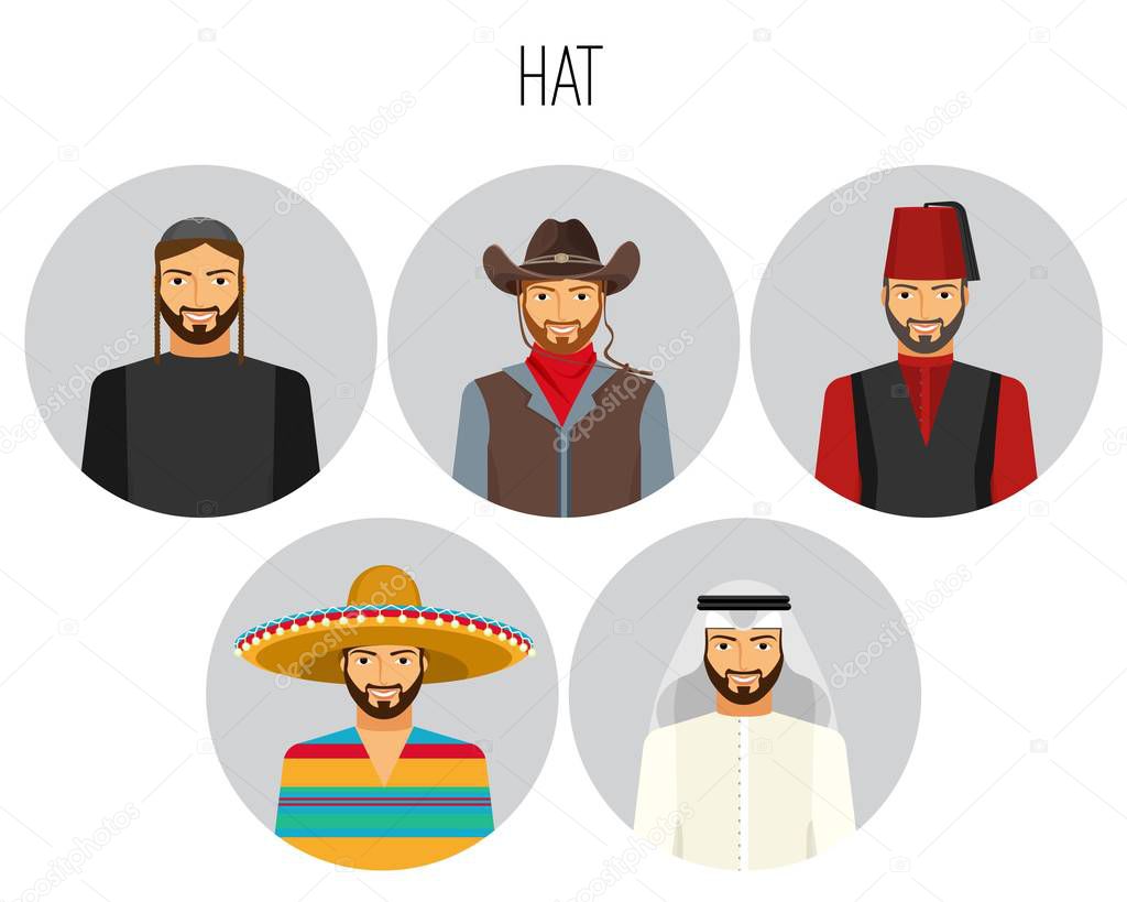 Hat types of men poster with headwear vector illustration