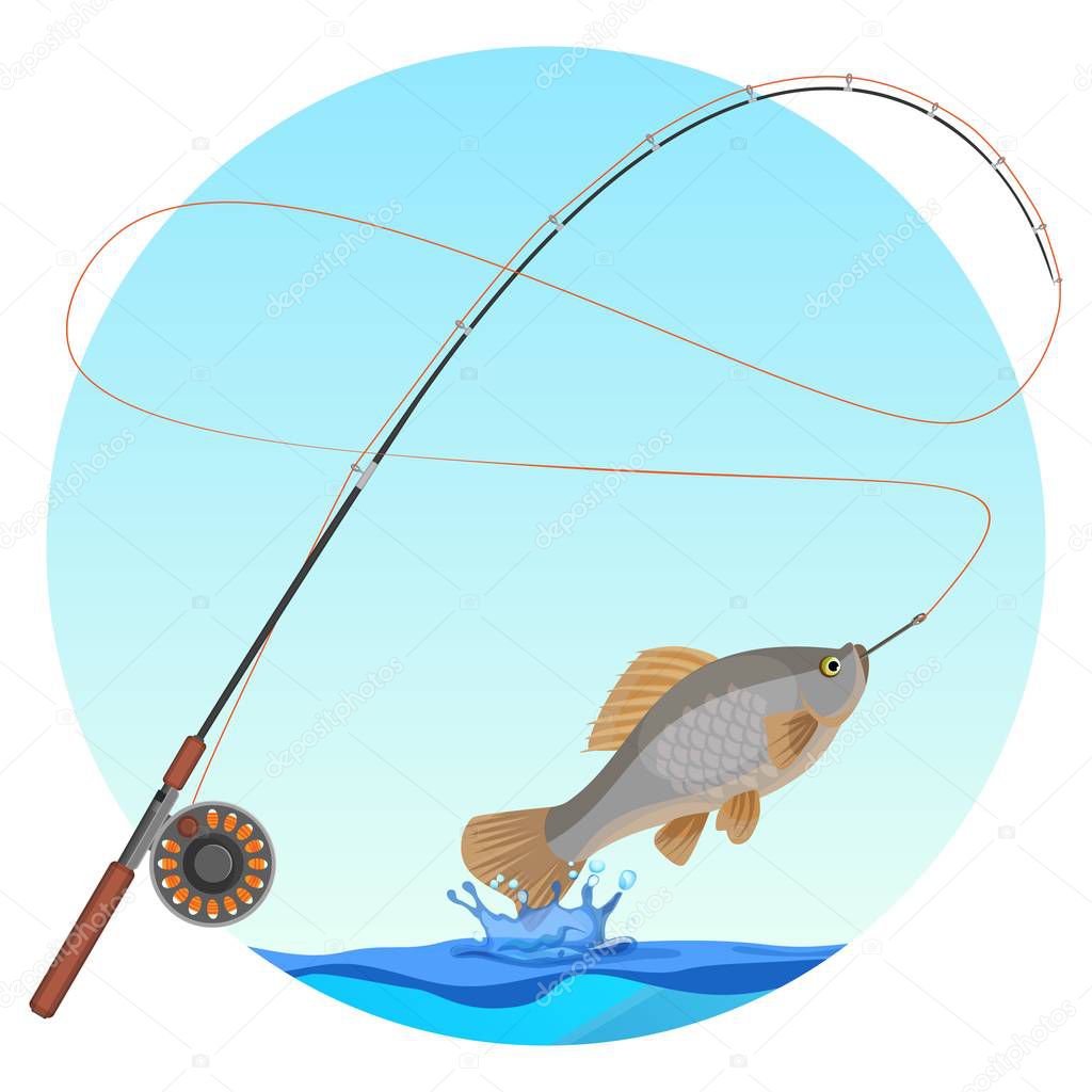 Fishing rod with caught fish on hook vector illustration