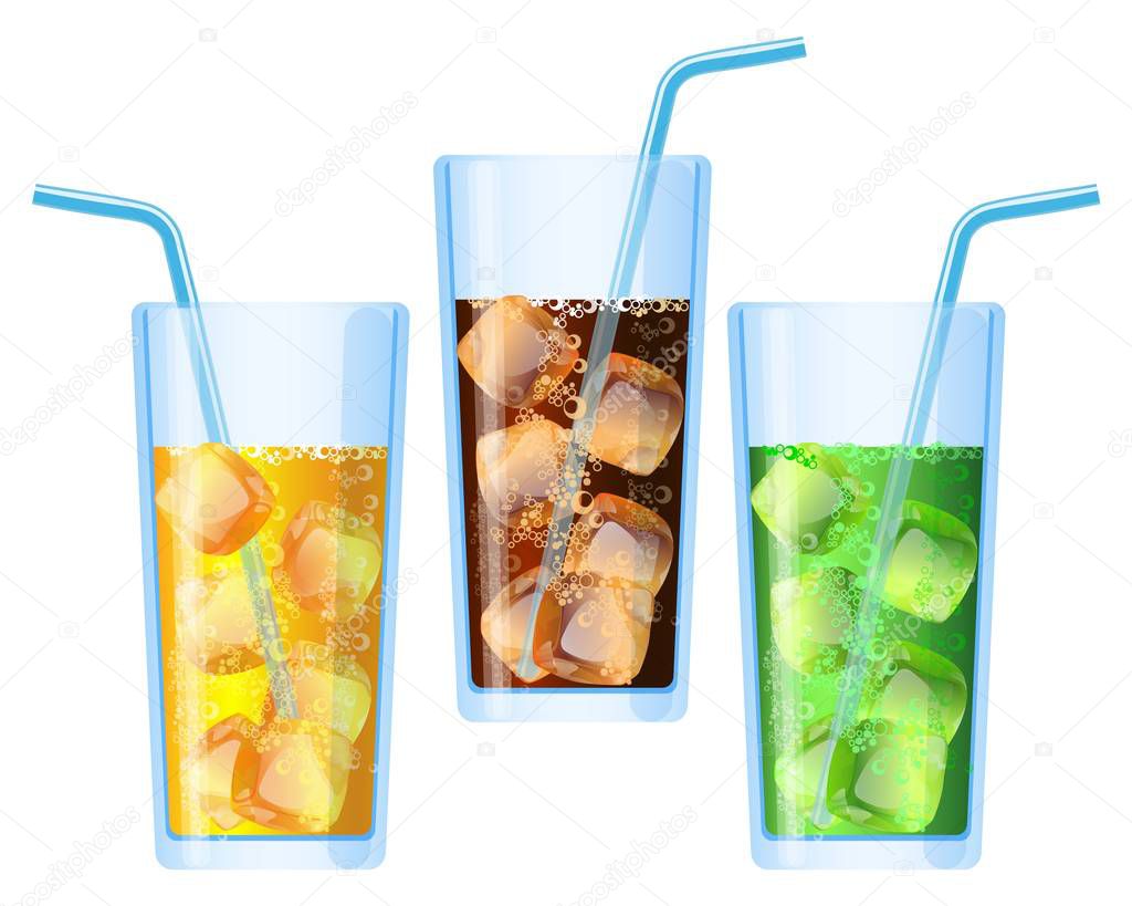Fizzy drinks poured in glasses refreshing set vector illustration
