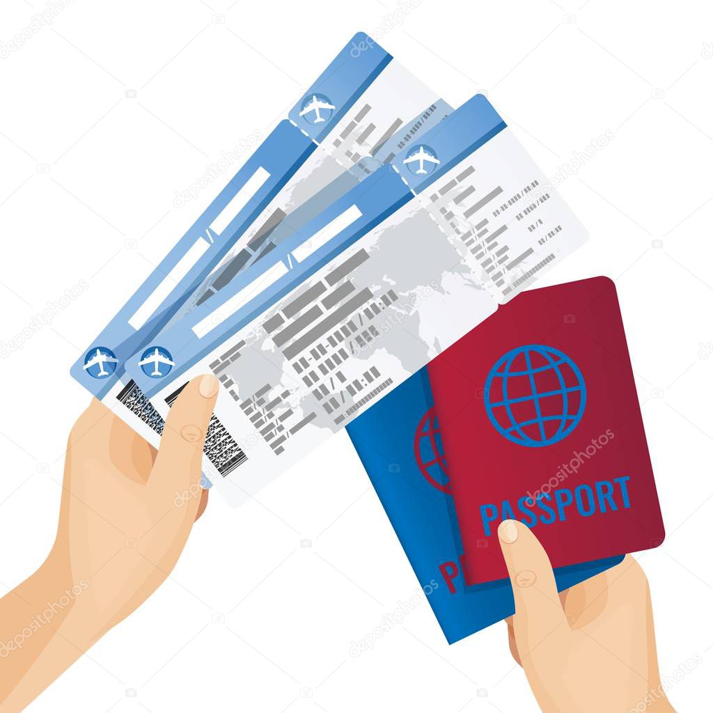 Passports and tickets to airplane in human hands vector illustration