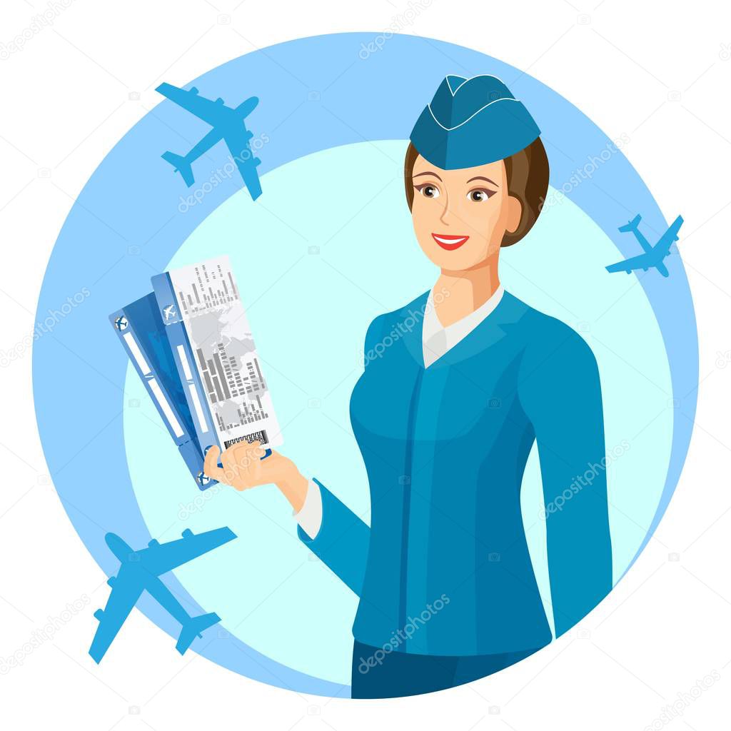 Smiling stewardess with air passage in hands promo poster