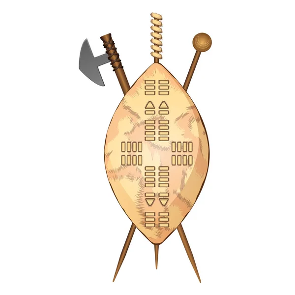 Zulu Schild, ethnisch afrikanische Waffe, Keulen und Speer — Stockvektor