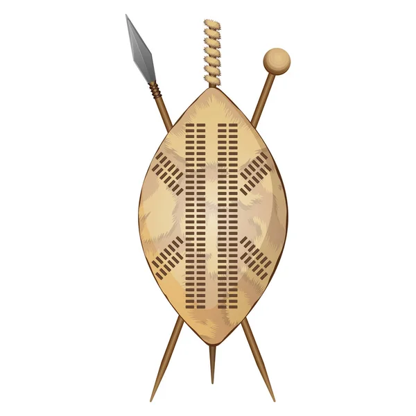 Зулуский щит, этническое африканское оружие, дубинка и копье — стоковый вектор