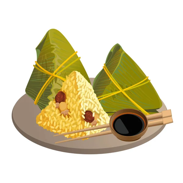 Nasi pangsit, zongzi makanan asia terisolasi pada putih - Stok Vektor