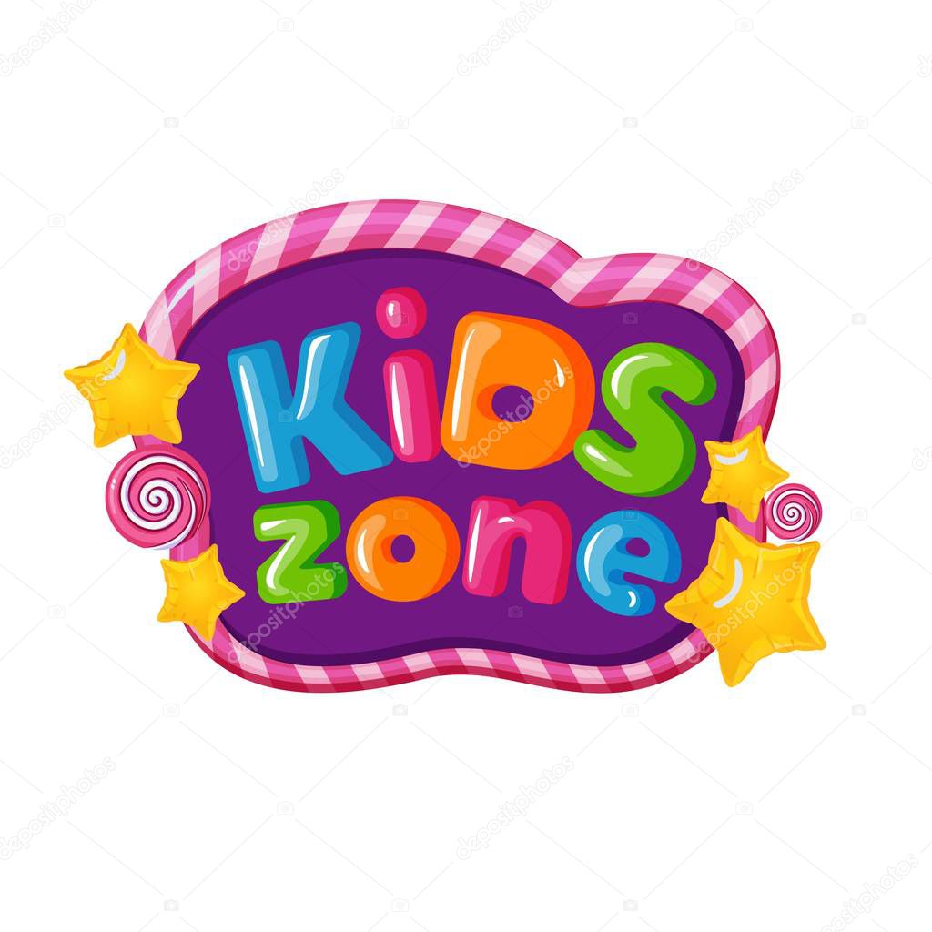Kids zone logo with caramel letters, balloons in shape of stars and dots isolated on white background. Children playground area sign
