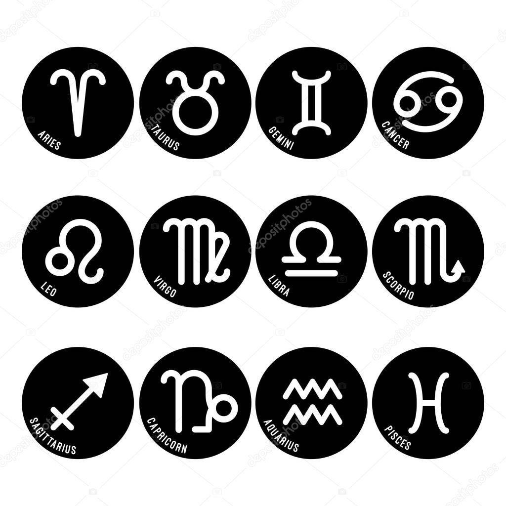 Astrology symbols, zodiac signs vector isolated icons in black buttons. Twelve horoscope signs on drawn in freehand style