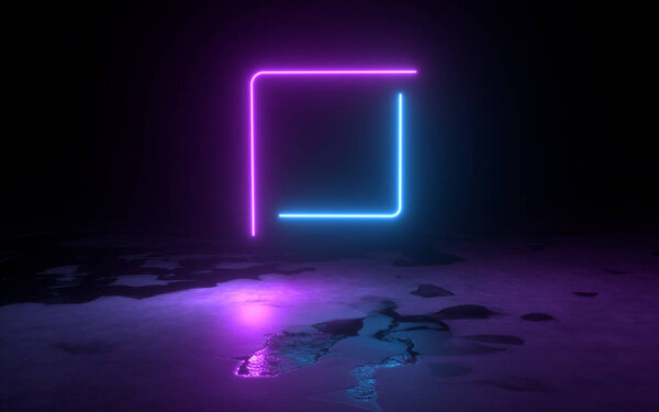 3d abstract background render, pink blue neon light fly on the ground, retrowave and synthwave illustration.