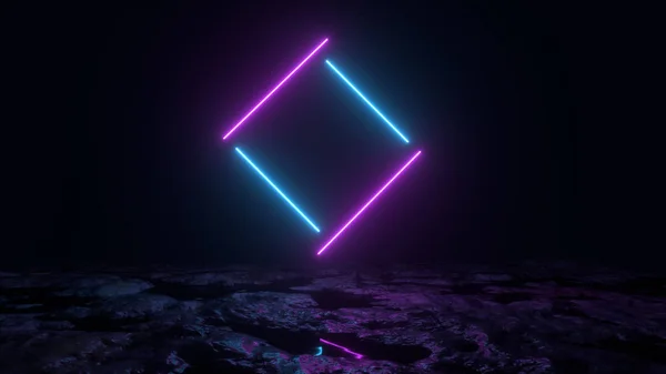 3D abstract background render, roze en blauwe neon lichten vliegen over de grond, retrowave en synthwave afbeelding. — Stockfoto