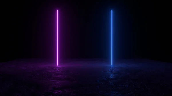 3d resumo fundo renderizar, dois rosa amd azul neon luzes no chão, retroonda e synthwave ilustração . — Fotografia de Stock