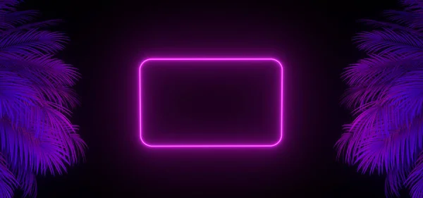 3D render van neon palmbladeren en frame op de zwarte. Banner ontwerp. Retrowave, synthwave, vaporwave afbeelding. — Stockfoto