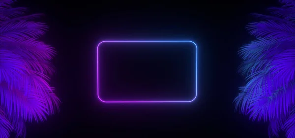 3D render van neon palmbladeren en frame op de zwarte. Banner ontwerp. Retrowave, synthwave, vaporwave afbeelding. — Stockfoto