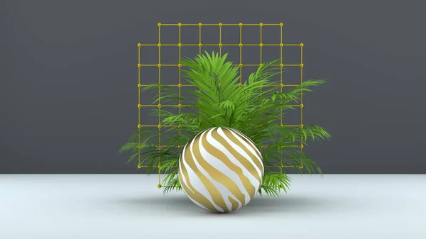 3d render abstract background with palm leaves, sphere and golden grid. Modern minimal design. Trendy background for product design or text presentation.