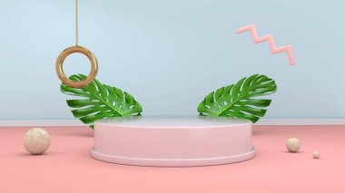 3D render soyut podyum, Küre, altın elemanlar ve palmiye yaprakları en az pembe Memphis tasarımı tarzı ile arka plan.