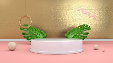 3D render soyut podyum, Küre, altın elemanlar ve palmiye yaprakları en az pembe Memphis tasarımı tarzı ile arka plan.