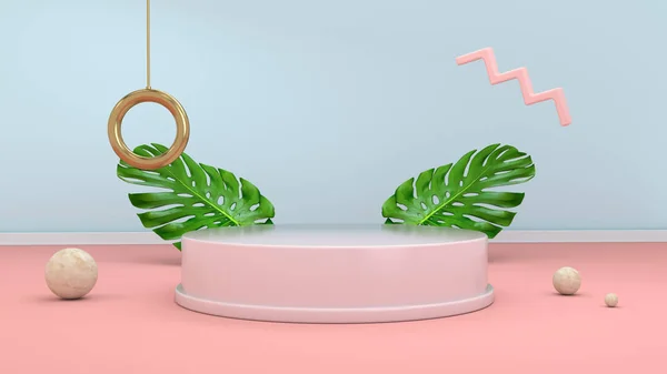 3D візуалізації абстрактний фон з подіуму, сфер, Золотий елементів, пальмове листя, в мінімальні pink Мемфіс дизайн стиль. — стокове фото
