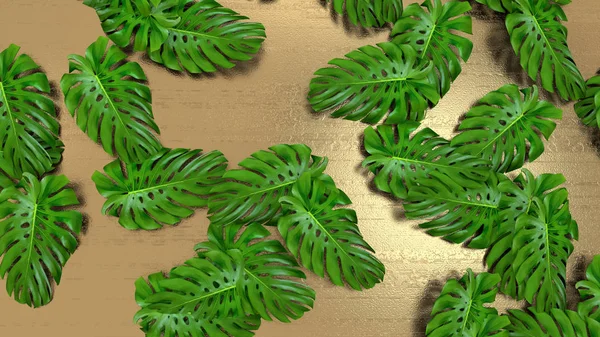 Rendering 3D di realistiche foglie di monstera su sfondo oro per pubblicità cosmetica o illustrazione di moda. Cornice tropicale esotico banana palmo . — Foto Stock