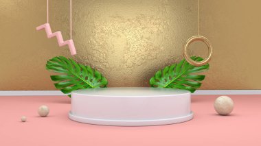 3D render soyut podyum, Küre, altın elemanlar ve palmiye yaprakları en az pembe Memphis tasarımı tarzı ile arka plan.