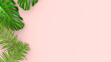 Kozmetik reklamı ya da moda illüstrasyonu için pembe arka planda üç boyutlu gerçekçi palmiye yaprakları. Tropik çerçeve egzotik muz palmiyesi.